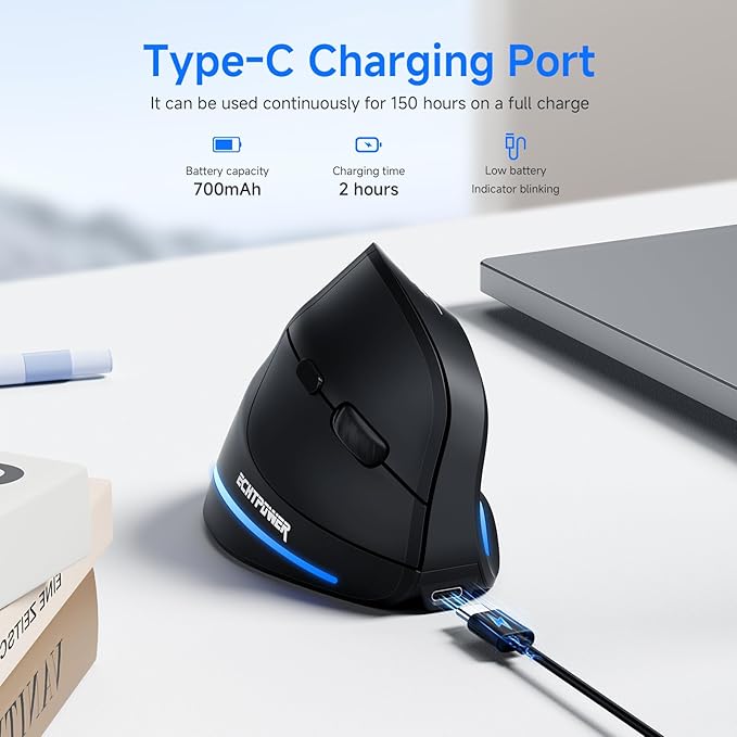 ECHTPower Ergonomic Wireless Mouse, Bluetooth Vertical Mouse with LED Light, Control Up to 3 Devices (BT5.0+BT5.0+2.4GHz), Adjustable DPI 2400/1600/1000, for PC, Laptop, Mac, Windows