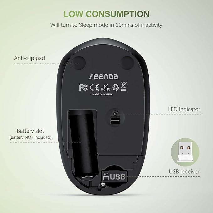 seenda Wireless Mouse for Laptop, 2.4G Noiseless Mouse with USB Receiver - Optical Tracking Portable Computer Mice for Chromebook, PC, Tablet, Windows System, 24 Months Battery Life - Green & Black