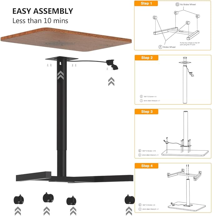 28-Inch Mobile Standing Desk, Adjustable Computer Desk, Portable Standing Desk with Lockable Wheels, Rolling Table for Home Office Classroom Hospital (Walnut)