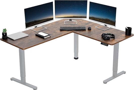 VIVO Corner Standing Desk, 63 x 55 inch Reversible L-Shaped Workstation, Electric Height Adjustment, Home, Office, and Reception Rooms, Rustic Vintage Brown Table Top Gray Frame, DESK-E3CTGN