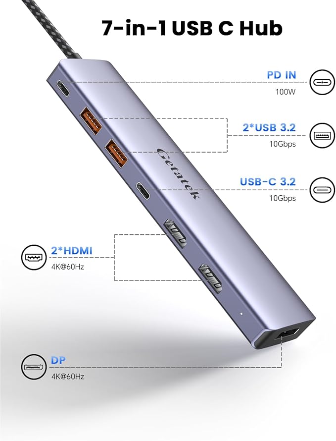10Gbps USB C Hub with Triple Display Docking Station, 4K@60Hz DP, Dual HDMI Adapter, 7-Port USB-C Laptop Docking Station for Dell Hp Lenovo Surface, 3 USB 3.2 Port Hub & 100W PD