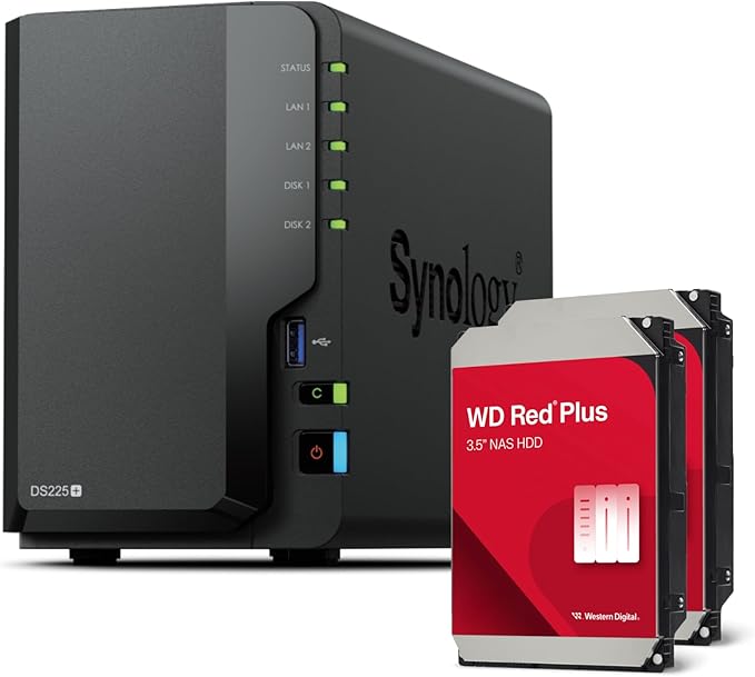 Synology DS225+ 2-Bay Diskstation NAS (Intel Celeron J4125 Quad-Core, 2 GB Non-ECC DDR4 SODIMM 1 x 2,5 GbE und 1 x 1 GbE RJ-45 LAN-Port) 8TB Bundle with 2X 4TB WD Red Plus