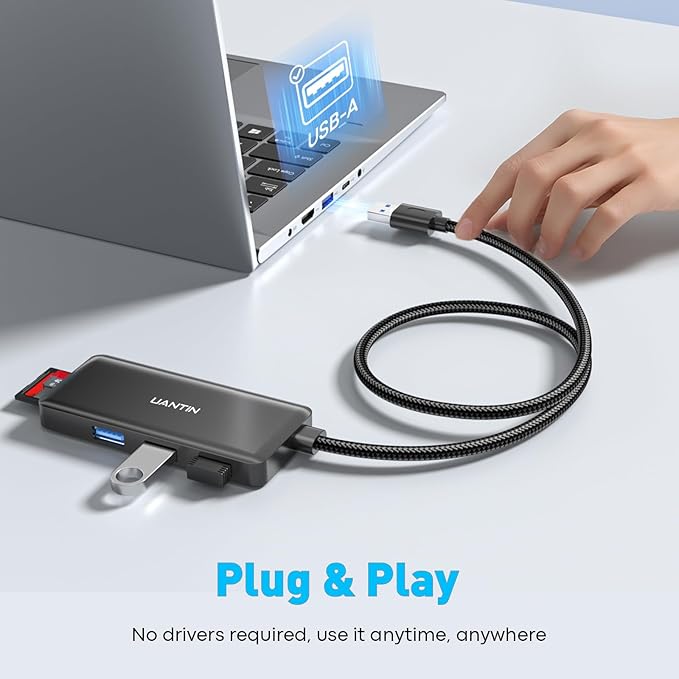 USB Hub for Laptop | 5-Port USBA Splitter with 3*USB-A 3.0 and SD/TF Card Reader 2FT Braided Nylon Cable, Multi-Port USB Extender for PC, MacBook, Mac mini, Surface, Desktop