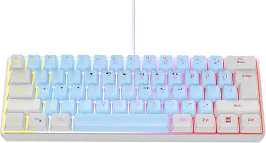 Wired RGB Gaming Membrance Keyboard. 60 Percent Mini Creamy LED Computer Keyboard .Small Ergonomic Clicky Teclado with ABS Backlit Unreplaceable Keycaps. (White Case + Blue Keycaps)