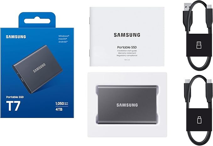 SAMSUNG T7 Portable SSD, 4TB External Solid State Drive, Speeds Up to 1,050MB/s, USB 3.2 Gen 2, Reliable Storage for Gaming, Students, Professionals, MU-PC4T0T/AM, Gray