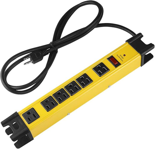 CCCEI Heavy Duty Power Strip Surge Protector - 6 Outlet Industrial Strip with 15A, 1200 Joules - ETL Listed Metal for Shop, Workshop, Garden (4FT, Yellow)