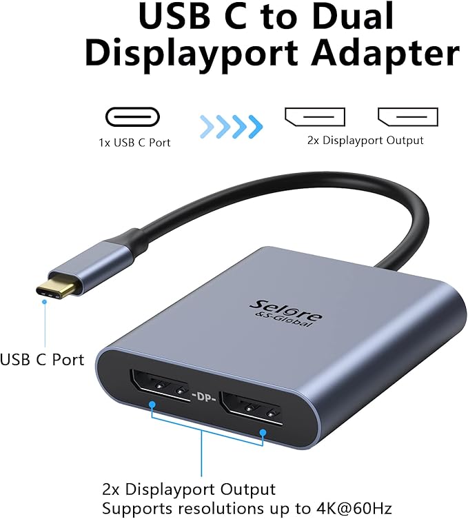 USB-C to Dual 4K DisplayPort Splitter Adapter, USB-C to DisplayPort Dual Monitor Converter 4K 60Hz, USB-C DisplayPort Hub Compatible for Dell XPS 13/15, Lenovo Yoga, Samsung Chromebook, HP and More