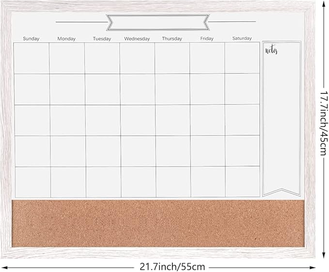 Dry Erase Calendar Whiteboard for Wall, Combination Magnetic Dry Erase White Board & Bulletin Board, 17.7" x 21.6" White Wood Framed Calendar/Cork Combo Board(WH-4555)