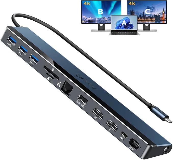 NewQ USB C Docking Station with Dual HDMI 4K, 100W PD-in, 12-in-1 Laptop Dock for Windows, MacBook, Chromebook