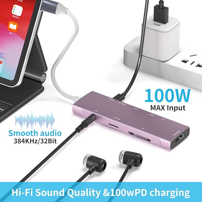 USB C HUB for iPad Pro 9-in-1 Adapter iPad Pro M4 M2 M1 13 12.9 11 inch iPad Air 5 4 Docking Station with 4K HDMI, USB-C PD, SD/TF Card Reader, USB 3.0, 3.5mm Headphone Jack, Type C Data, iPad mini 6