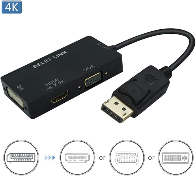 DP to HDMI VGA DVI Adapter Displayport to HDMI 4K Adapter 3 in 1 Display Port to HDMI VGA DVI Converter Male to Female Gold-Plated (Rectangle Black)
