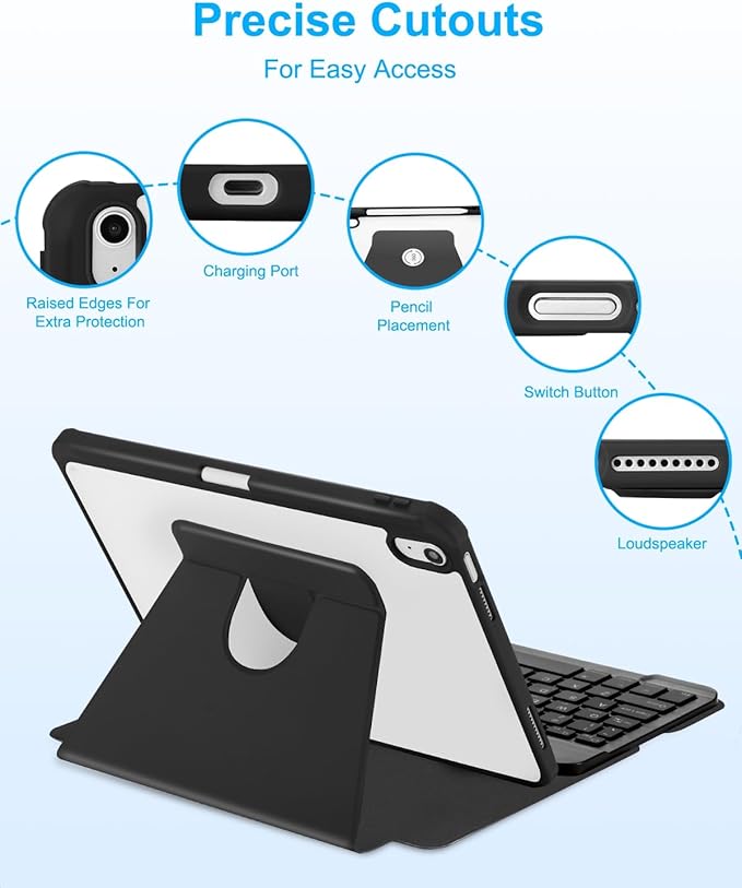 Case with Keyboard Mouse for iPad A16 11th 10th Generation 11/10.9 inch,Rainbow Backlit Detachable Keypad Rotatable Magnetic Cover with Pencil Holder for iPad 11 2025 10 Gen 2022 Black