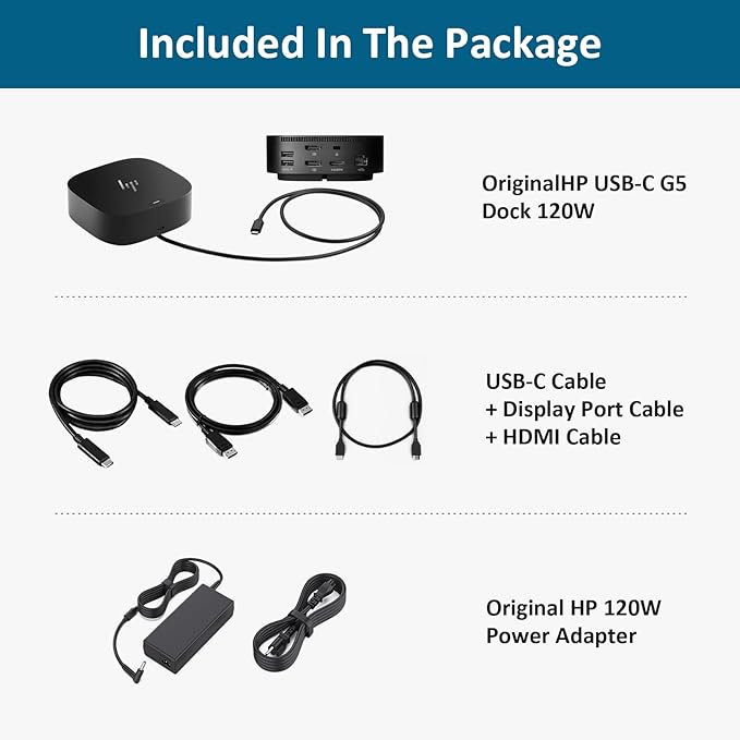 HP Docking Station for Laptop Dual Monitor and Charging Bundle - HP USB-C G5 Dock with 120W AC Adapter, HDMI & DP Cable & USB-C Cable