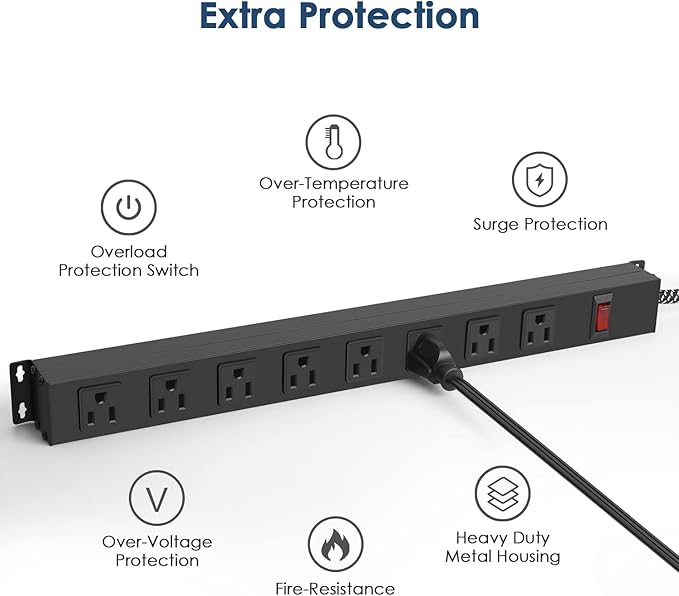 8 Outlet Power Strip - Metal Power Strip with Switch,Wide Spaced Moutable Surge Protector 1200J,3ft 14Awg Braided Cord,Home Office Industrial Garage Commercial