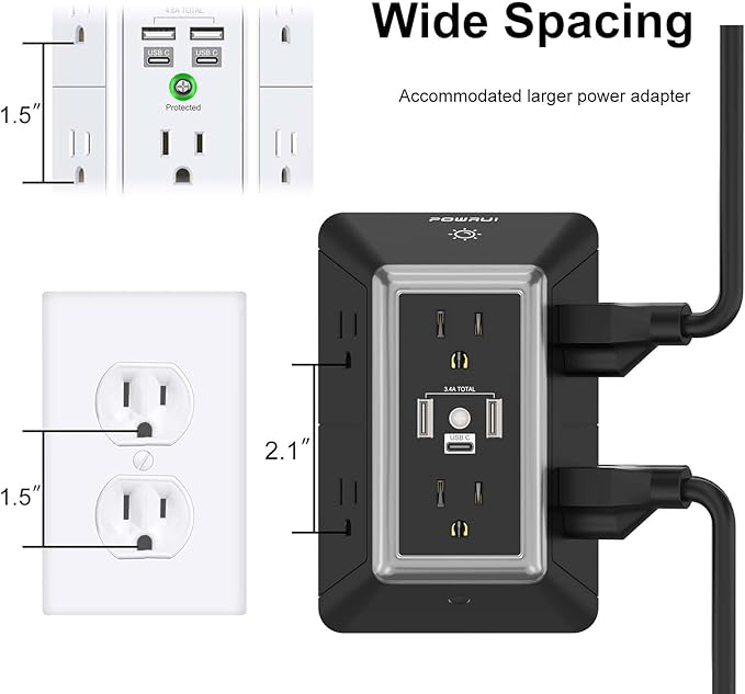 Outlet Extender Power Strip, POWRUI 6 AC Surge Protector Outlets with 3 USB Ports (1 USB C) and Night Light, 3-Sided Multi Plug Wall Outlet with Spaced Outlets - Black, ETL Listed