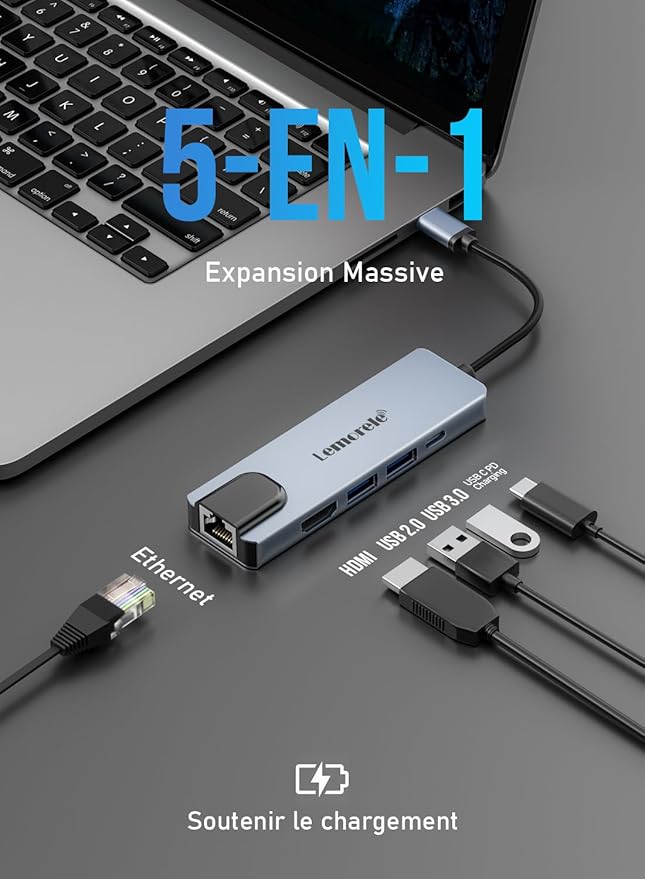 USB C Hub Adapter, Lemorele 5-in-1 Dongle Multiport Adapter with 4K HDMI, Ethernet, 2 USB 2.0 Ports, 100W PD Charging for MacBook M1 Air/Pro, iPad M1, Switch, XPS15, Windows