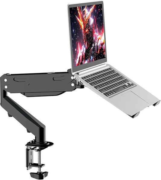 Pholiten Laptop Desk Mount with Gas Spring Arm, 2 in 1 Monitor Laptop Stand for 12-17 inch Notebook and 13-32 inch Computer Screen,Holds 22lbs. Full Motion Monitor Laptop Stand Mount with Vented Tray