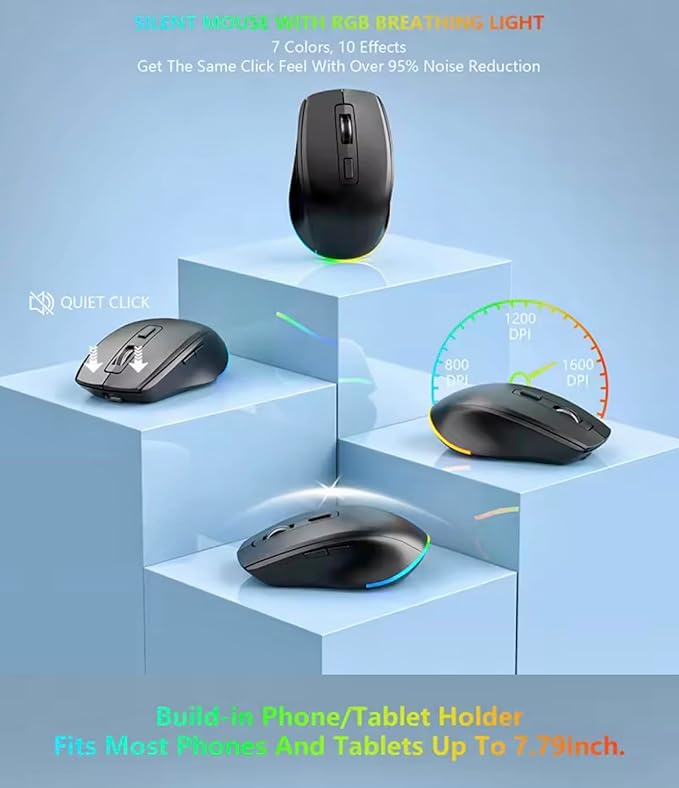 Wireless Keyboard and Mouse Combo, 2.4Ghz Rechargeable, 114-Key Full Size Keyboard with RGB Backlight, Phone Tablet Holder, Silent Ergonomic Keyboard & Mouse for Home, Office, Gaming