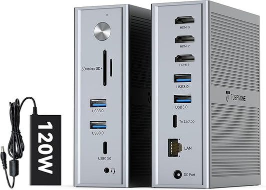 TobenONE DisplayLink Docking Station 3 Monitors, 14-in-1 Triple Monitor Dock for M1-M5 MacBook/Mac mini, Windows, Chrome (3HDMI, 120W Power Supply, 5 USB, Home Office & Professional Workspace