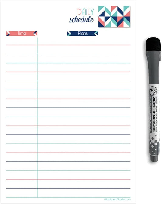 Dry Erase Daily Schedule Planner Sticker Decal by Glassboard Studio | Removable & Reusable | Magnetic Fine-Tip Marker Included (6 x 9 inches, Geometric)