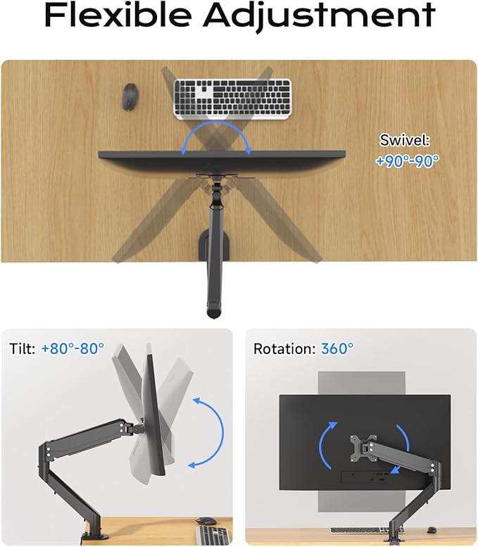 Gas Spring Monitor Arm 35 Inch,Adjustable Single Monitor Desk Mount with Swivel/Tilt/Rotation,Computer Monitors Stand Holder with Clamp Mounting Base, VESA Mount Bracket