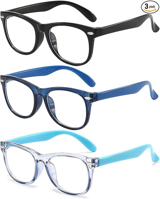 3 Pack Kid Blue Light Glasses For Kids Girls Boys Computer Blue Light Kids Glasses Clear Glasses Age 3-9 (Black + Dark blue + Light blue)