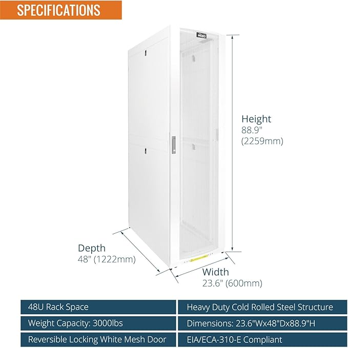 Tecmojo 48U Server Rack Cabinet - PRE-Assembled 24inch Width 48inch Depth IT Network Equipment Cabinet Rack Enclosure with Casters - 3000lbs Weight Capacity(06White)