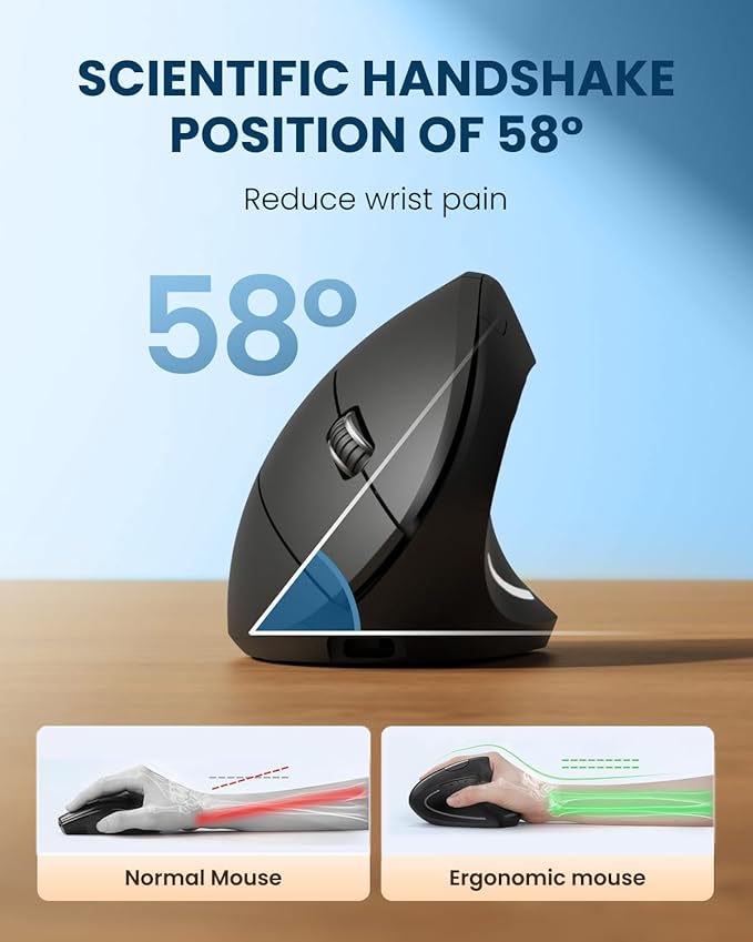 2.4G Wireless Vertical Mouse, Rechargeable Ergonomic Optical Mice: 3 Adjustable DPI 800/1200/1600 Levels 6 Buttons, for Laptop, PC, Computer, Desktop, Notebook etc, Black