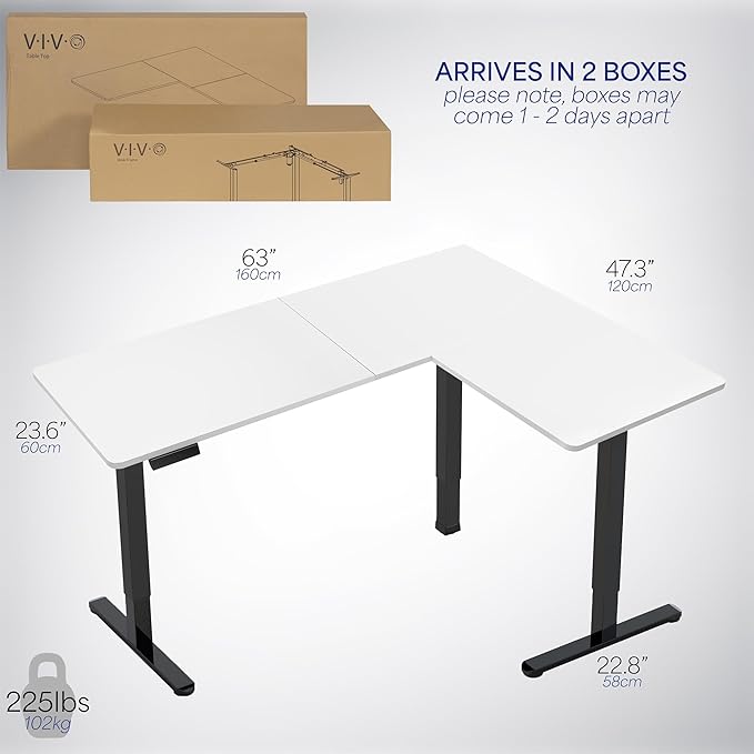 VIVO Corner Standing Desk, 63 x 47 inch Reversible L-Shaped Workstation, Electric Height Adjustment, Home, Office, and Reception Rooms, White Table Top Black Frame, DESK-E3CTBW-47
