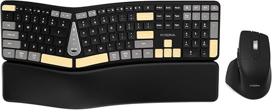 KYSONA Ergonomic Keyboard Mouse Wireless Combo, Full Size Bluetooth Split Keyboard with Wrist Rest, 4 Level DPI Ergo Mouse for Windows Mac OS Computer, Colorful Black