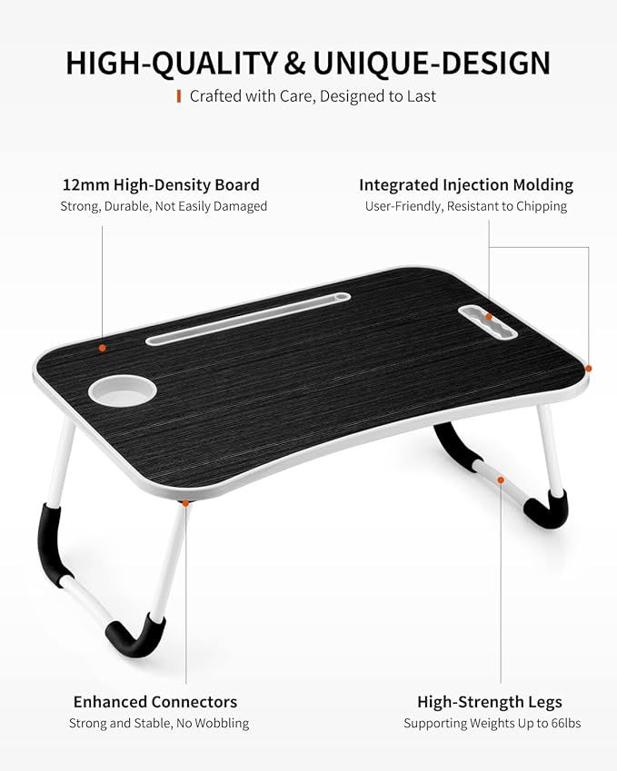 Foldable Laptop Table, Portable Lap Desk Bed Table Tray, Laptop Stand with Cup Holder & Tablet Slot & Lifting Handle for Working Writing Drawing & Eating (Black Grain)
