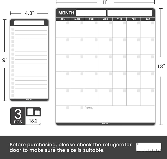 Dry Erase Calendar for Fridge Magnetic, Refrigerator Calendar Whiteboard Set - Vertical Dry Erase Refrigerator Calendar Planner with 2 List Boards, 4 Markers + Eraser