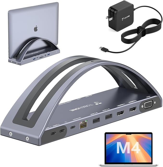 TobenONE MacBook Docking Station Dual 4K Monitor for M1-M5 Pro/Max, 13-in-2 USB C Docking Station with 100W Power Adapter, Laptop Dock Stand with 2 HDMI, VGA, 5 USB, PD 3.0, RJ45, SD/Micro SD, Audio