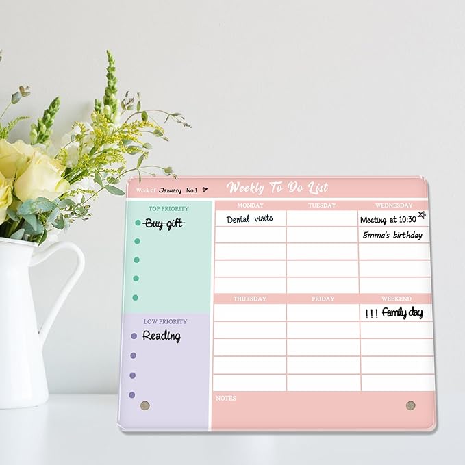 Desktop Thickened Acrylic Dry Erase Weekly To Do List, 11.8"x9.8" Colorful Whiteboard with Stand, Frameless Weekly Planner for Office/School/Home, Daily To Do List for Work and Personal Organized(2530,1p)