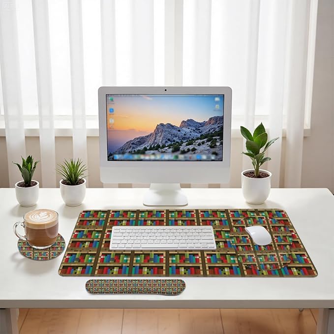 Bookshelf Mouse Pad Set Educational Bookcase Pixel Game Gaming Mousepad 4in1 Desk Mat for Desktop Wrist Support Cup Coaster Set Ergonomic Computer Desk Arm Wrist for Decor Home Office