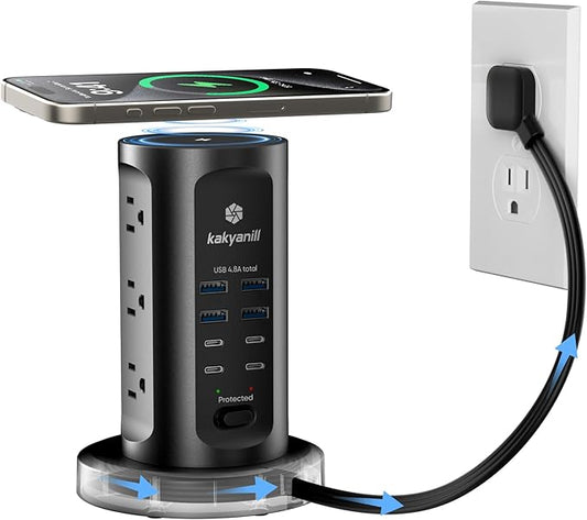 30W USB Charging Station, Surge Protector Power Strip Tower, 9 AC Outlets with 8 USB Ports(4 USB-C), 6Ft Flat Plug Retractable Extension Cord, for Home Office Dorm, Black
