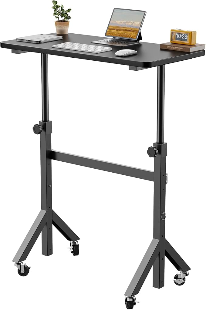 ErGear Small Standing Desk Adjustable Height, 6 Height Settings Up to 46.5″, Walking Pad Desk with Triangular Leg Design, Smooth Mobility with Lockable Wheels, Standing Desk for Walking Pad, Black
