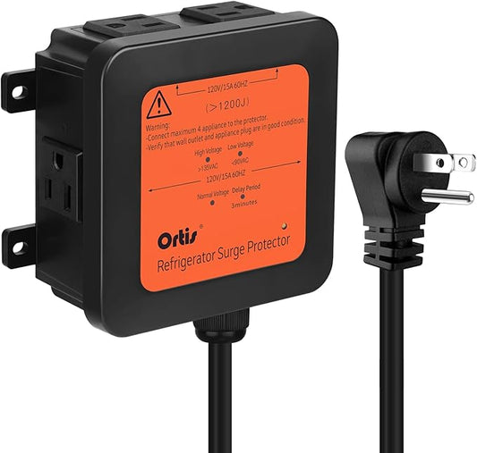 Ortis 4-Outlet Refrigerator Surge Protector with Time Delay, 1200J, Power Cord (5ft), Protects Against Spikes, Brownouts & Power Outages, Voltage Guard for Refrigerators 27 cu. ft. or More