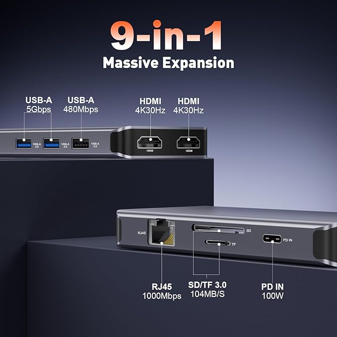 9 in 1 Docking Station Dual Monitor, USB C to Dual HDMI Adapter, 1000Mbps LAN, 100W PD, SD/TF 3*USB-A Data Port, HDMI Extended Display Laptop USB C Hub for HP/Dell/XPS/Lenovo/Laptop