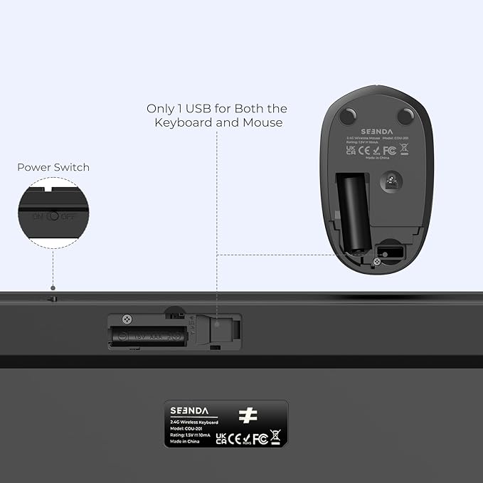 Wireless Keyboard and Mouse Combo - seenda Full Size 2.4G USB Wireless Keyboard Mouse Set, Quiet Cordless Computer Keyboard Mouse for Windows, Laptop, PC - Black
