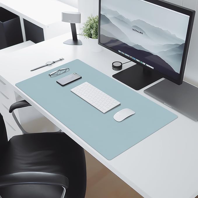 Large Desk Pad Mat, Leather Blue Desk Mat for Desktop, Computer Desk Mouse Pad Non-Slip, Waterproof Keyboard Mat for Office/Home/Decor, 23.6" x 13.7"