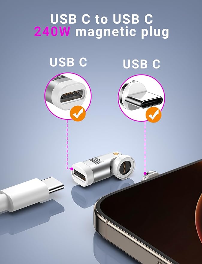USB C Magnetic Adapter PD 240W(3Pack), 9PIN USB C 90 Degree Adapter/C Right Angle Adapter/180 Degree C Connector/Magnetic C to C for 1Phone 16/15, Ma-Book Pro/1Pad Series, Samsung Galaxy Series