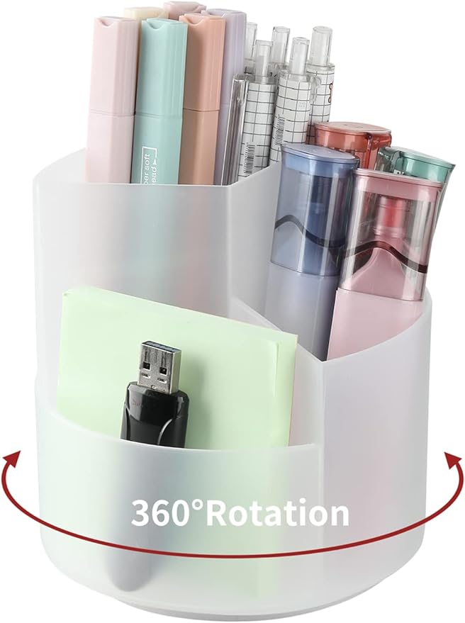 Desk Pencil Pen Holder, 3 Slots 360-Degree Spinning Organizers, Desktop Storage Stationery Supplies, Cute Cup Pot for Office, School, Art Supply, Kids - Clear