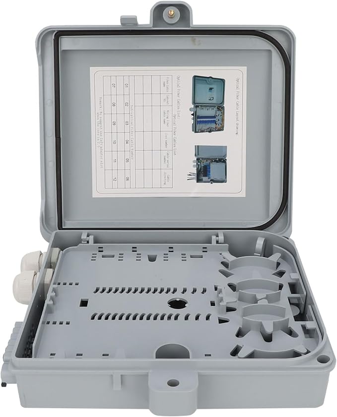 12 Core FTTH Fiber Optic Distribution Box, IP65 water Indoor Outdoor Fiber Optic Enclosure with SCorFCorPLC Adapter, Wall Mountable 25 x 22 x 6.5cm - Optimal for