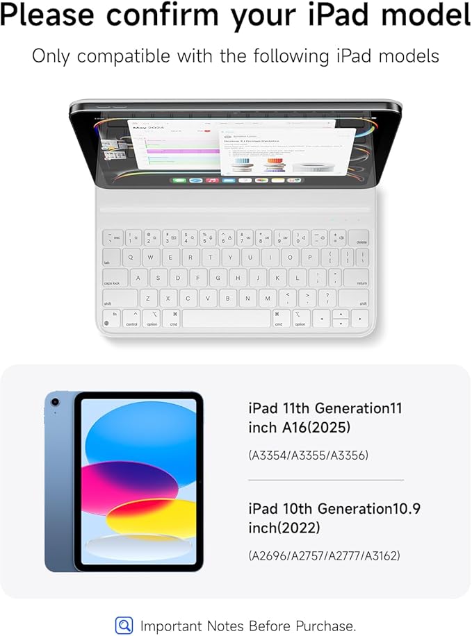 HOU Slim Bluetooth Keyboard Case for 2025 11th-Gen iPad (A16) & 2022 10th-Gen iPad, Smart Folio, Magnetic Stand with 2 Ergonomic Tilt Angles, Recyclable Synthetic Leather, Long-Life Battery, White
