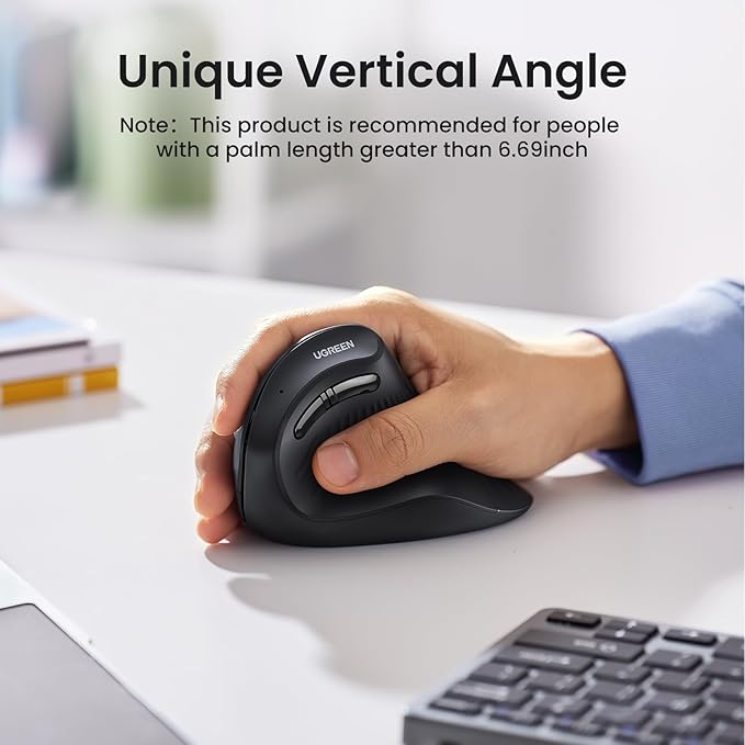 UGREEN Vertical Wireless (Bluetooth 5.0+2.4G) Ergonomic Mouse with 5 Buttons, 1000/1600/2000/4000 DPI, Prevention of Mouse Arm, Vertical Mouse Compatible with PC/Laptop/Tablet, Black