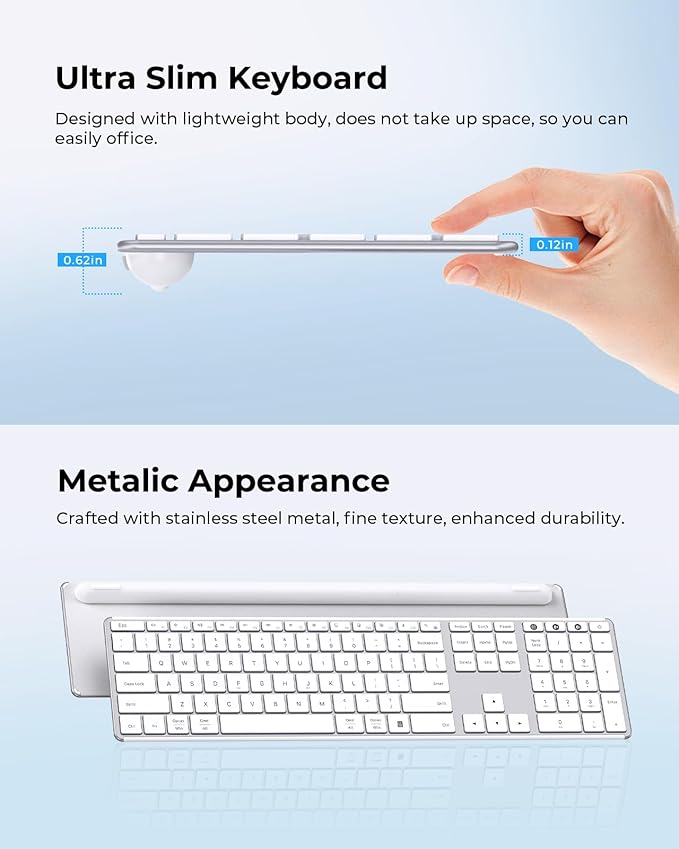 seenda Wireless Bluetooth Keyboard and Mouse Combo, SKM64-3 Rechargeable Slim Quiet Keyboard Mouse, 3 Multi-Device Connection, Compatible for Windows, Mac, MacBook, iPad, Tablet, White Silver