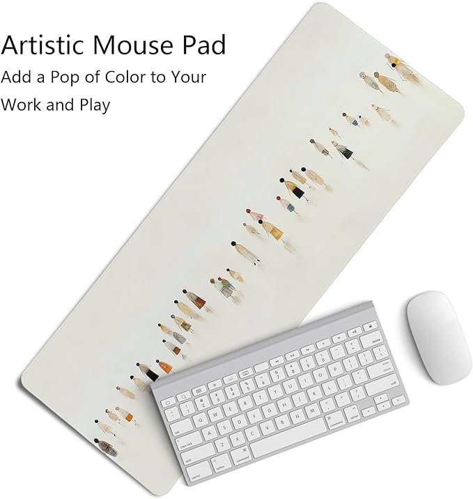 Beige Summer Beach Mouse Pad,XL Large Art Minimalist Abstract People Desk Mat,Aesthetic Calming Beach Crowd Desk Mat for Home Office Dorm Desktop Decor,31.5x11.8 Inch