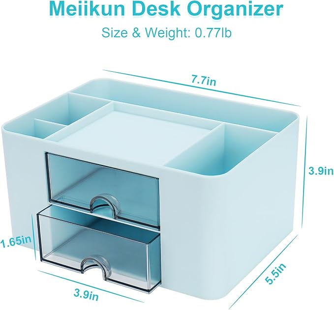 Plastic Pen Organizer, Multifunctional Desk Organizer with 2 Drawers, 4 Compartments & a Top Tray, Pencil Holder Desktop Organizers and Accessories for Office, 7.7" x 5.5" x 3.9" (Blue)