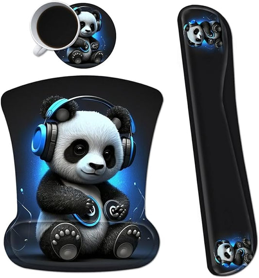 Ergonomic Mouse Pad with Wrist Support Gel Mouse Pads and Upgrade Keyboard Wrist Rest Pad Set, Coasters Non-Slip PU Base Mouse Mat for Office Gaming Computer Laptop Home, Panda